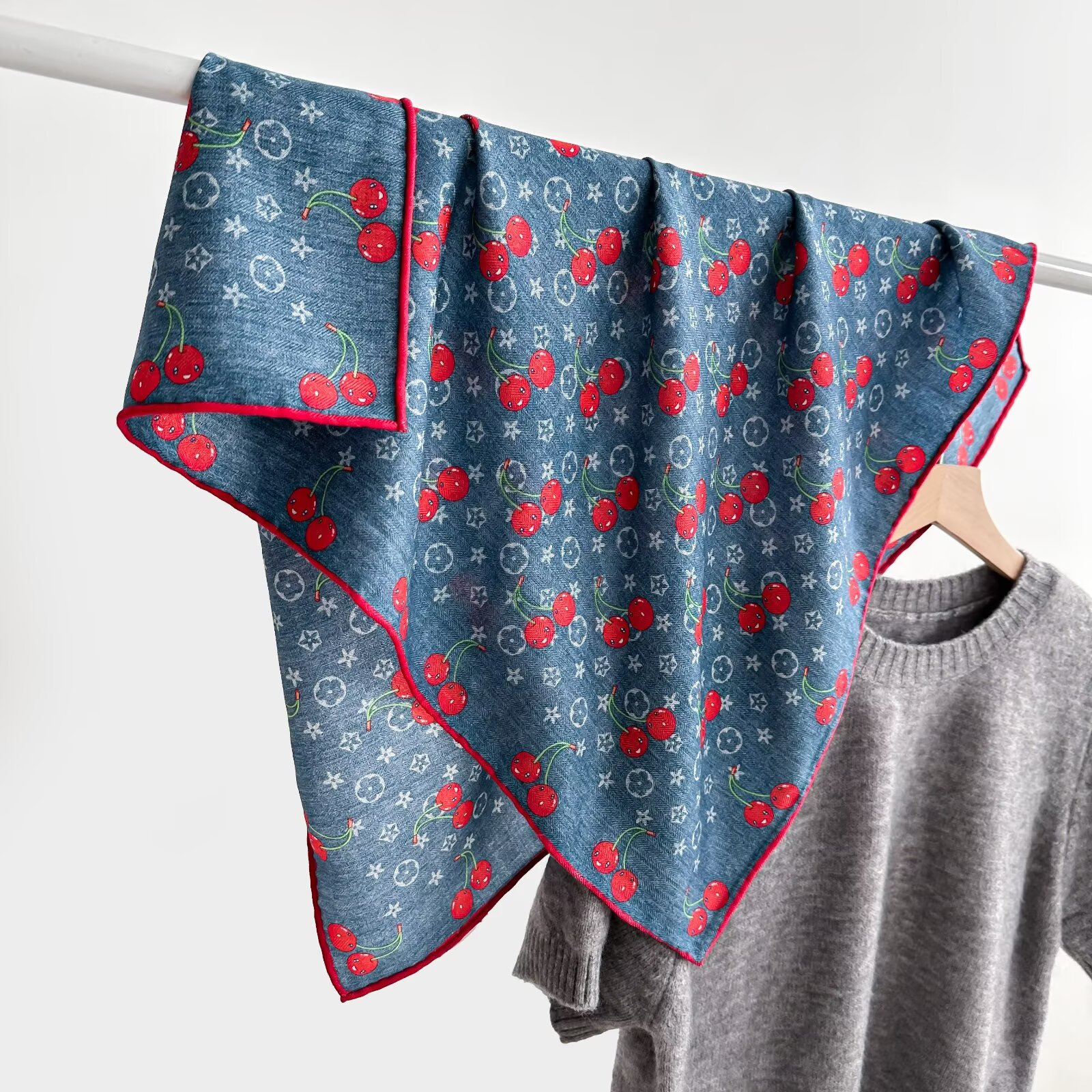 Denim Blue Cherry Wool & Silk Scarf - Image 1