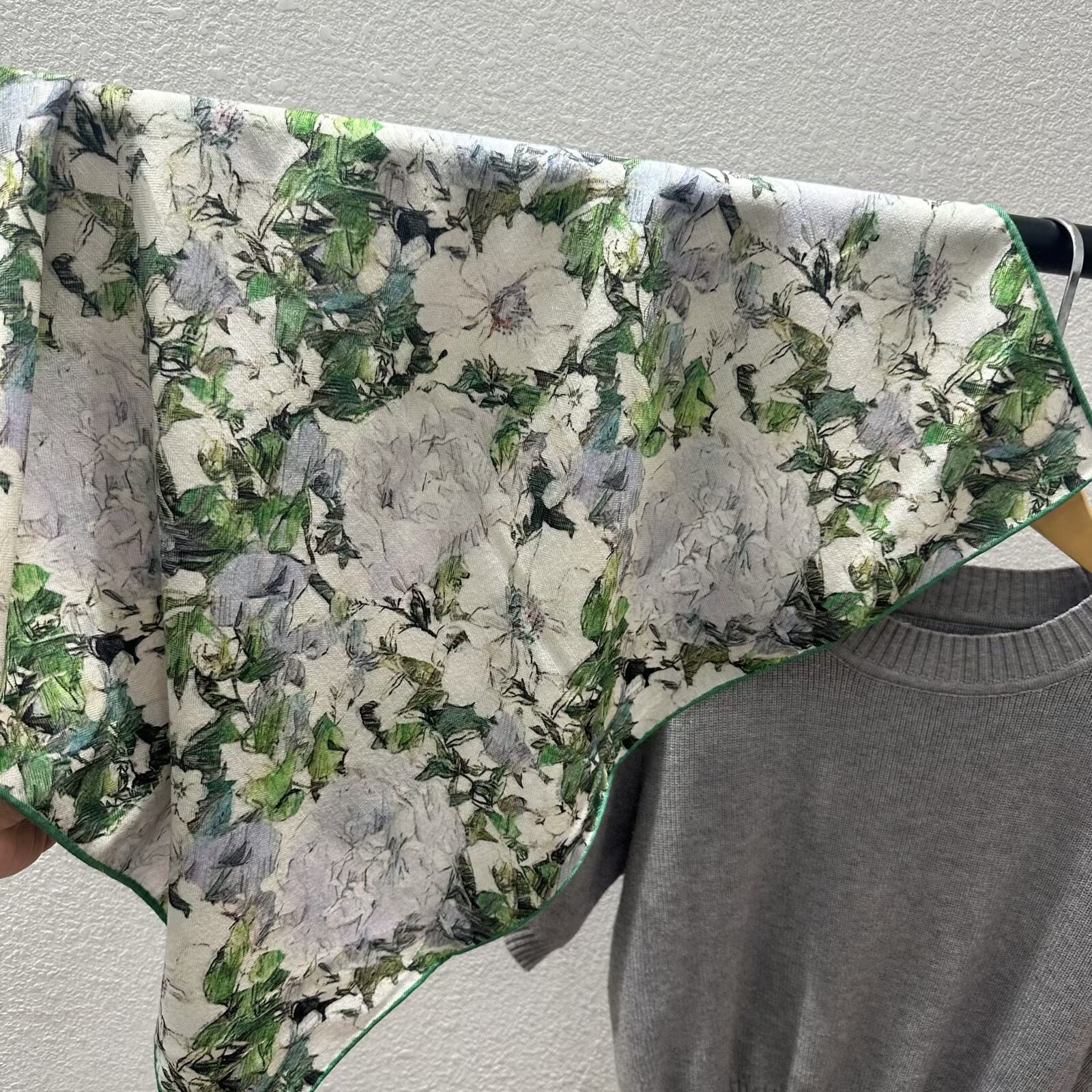 Green Botanical Wool & Silk Scarf - Image 1