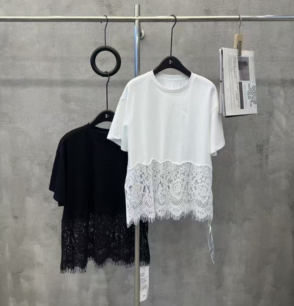 Cotton T-Shirt with Lace Hem